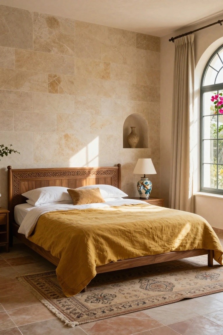 A sunlit bedroom with light beige textured stone walls, a carved wooden bed frame with white sheets and a yellow throw blanket, wooden nightstands with lamps, an arched window with beige curtains, and a patterned rug on terracotta tile floor.