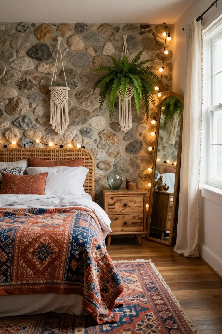 Cozy bedroom with stone wall, woven headboard, colorful blanket, and hanging plants.