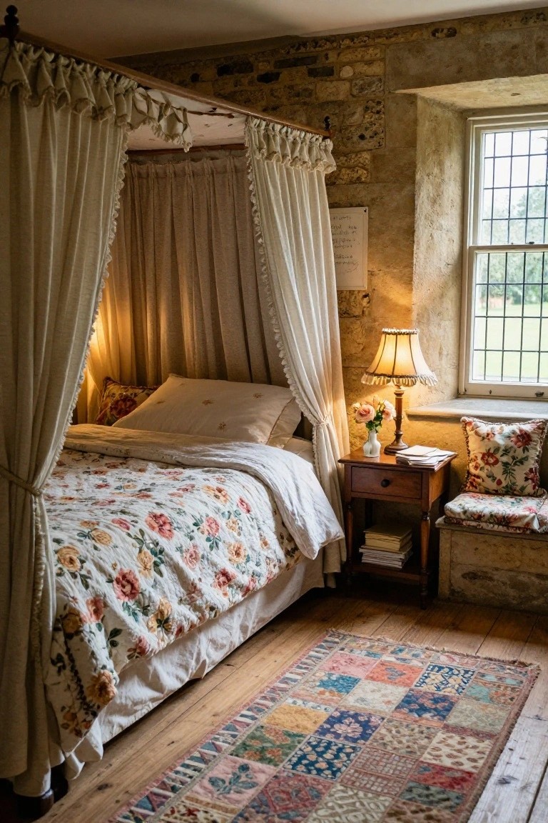 Bedroom with exposed stone walls, four-poster bed draped in white curtains and topped with floral quilt and pillows, wooden nightstand with lamp and vase of roses, cushioned bench, and leaded glass window.