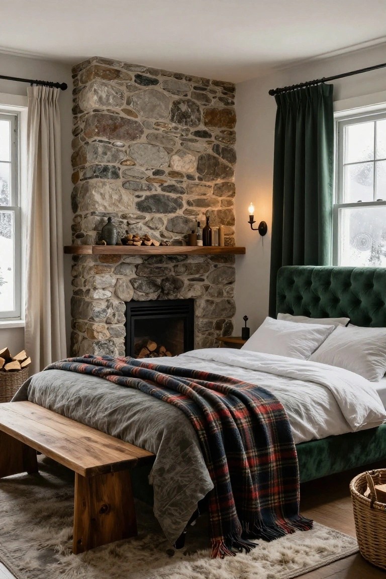 Bedroom corner with tall irregular stone wall fireplace containing burning logs, wooden mantel with ceramics and wood, green velvet tufted bed with gray linens and red plaid blanket, wooden bench at foot, baskets, and curtained windows showing snow outside.