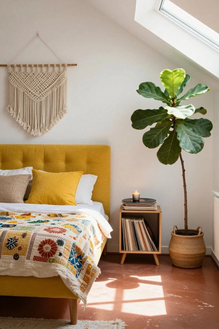 Bedroom featuring a yellow tufted upholstered bed with pillows and colorful quilt, large potted fiddle leaf fig plant, macrame wall hanging, wood shelf with vinyl records and candle, skylight in sloped white ceiling, and terracotta floor.