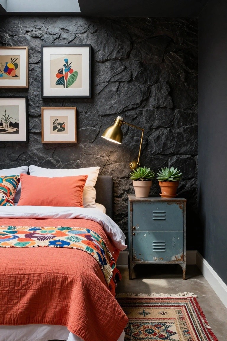Bedroom interior with dark textured stone accent wall, bed covered in orange quilt and colorful pillows, rust-colored metal nightstand holding two potted succulents, brass adjustable lamp, and four framed abstract artworks.