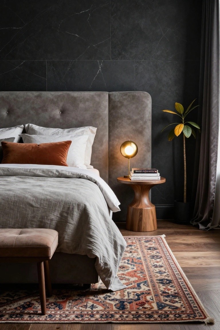 Bedroom with dark veined black stone accent wall behind gray upholstered bed, white and rust pillows, wooden pedestal nightstand with lamp and books, potted plant, bench, and patterned rug on wood floor.