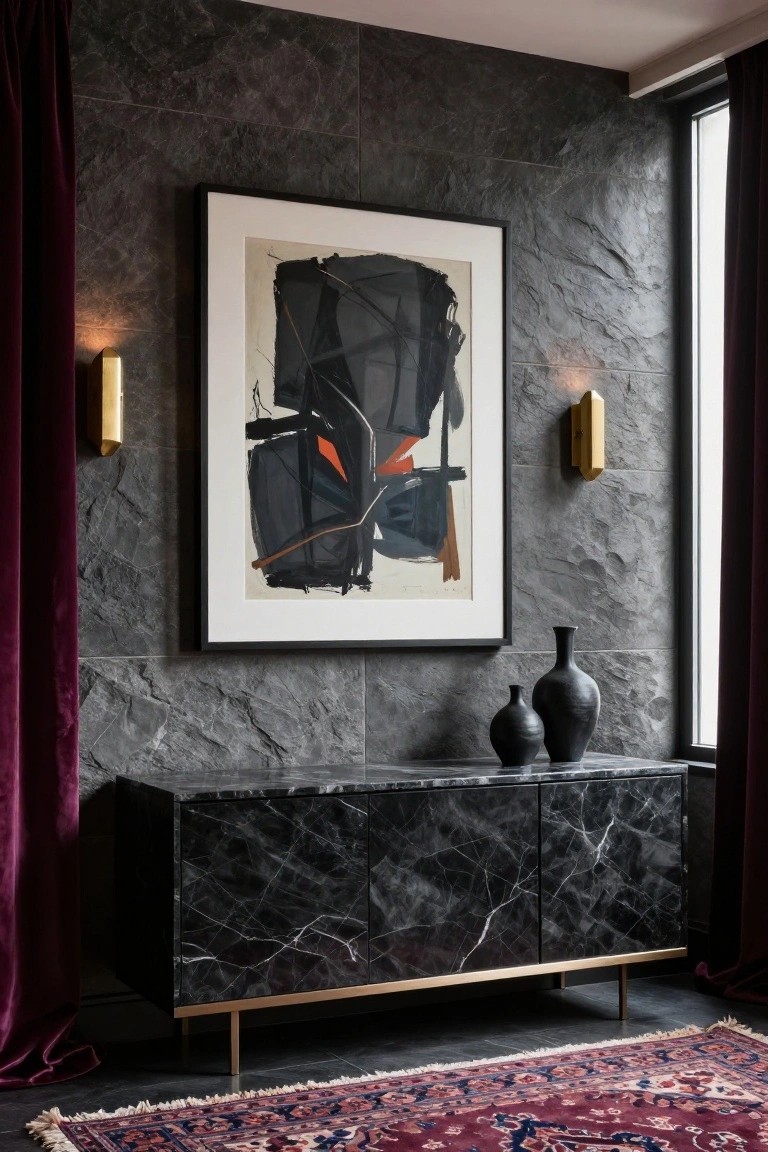 Dark grey textured stone tiled wall in an interior room with purple velvet curtains, large framed abstract black and orange painting, two gold wall sconces, black marble credenza holding two black vases, large patterned red and purple rug, and a window.