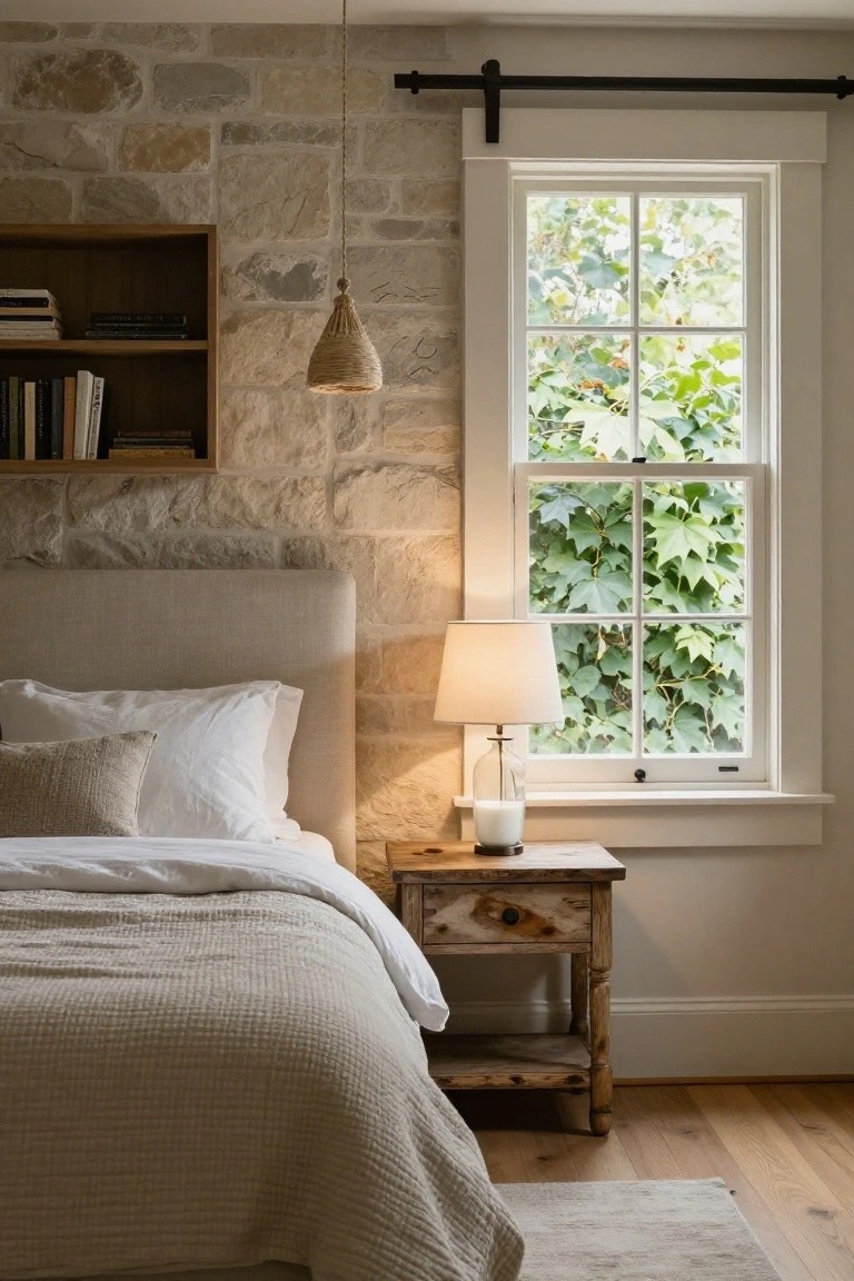 Bedroom with exposed stone accent wall behind a beige upholstered bed, wooden nightstand with lamp and candle, bookshelf, pendant light, and large window overlooking green ivy.