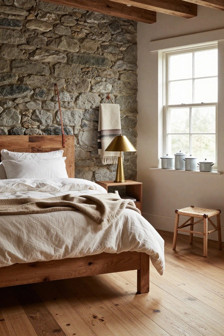 Cozy bedroom with exposed gray stone wall behind wooden bed frame draped in white linens and tan throw, brass lamp on wooden nightstand, blue enamel pots on windowsill, rattan stool, and hardwood floors.
