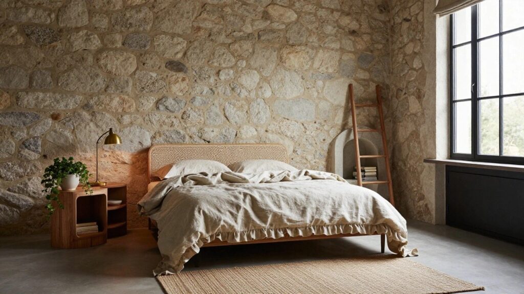 Bedroom with beige stone accent wall, rattan headboard bed draped in white linen bedding, leaning wooden ladder shelf holding books, wooden nightstand with lamp and plant, seagrass rug on wood floor.
