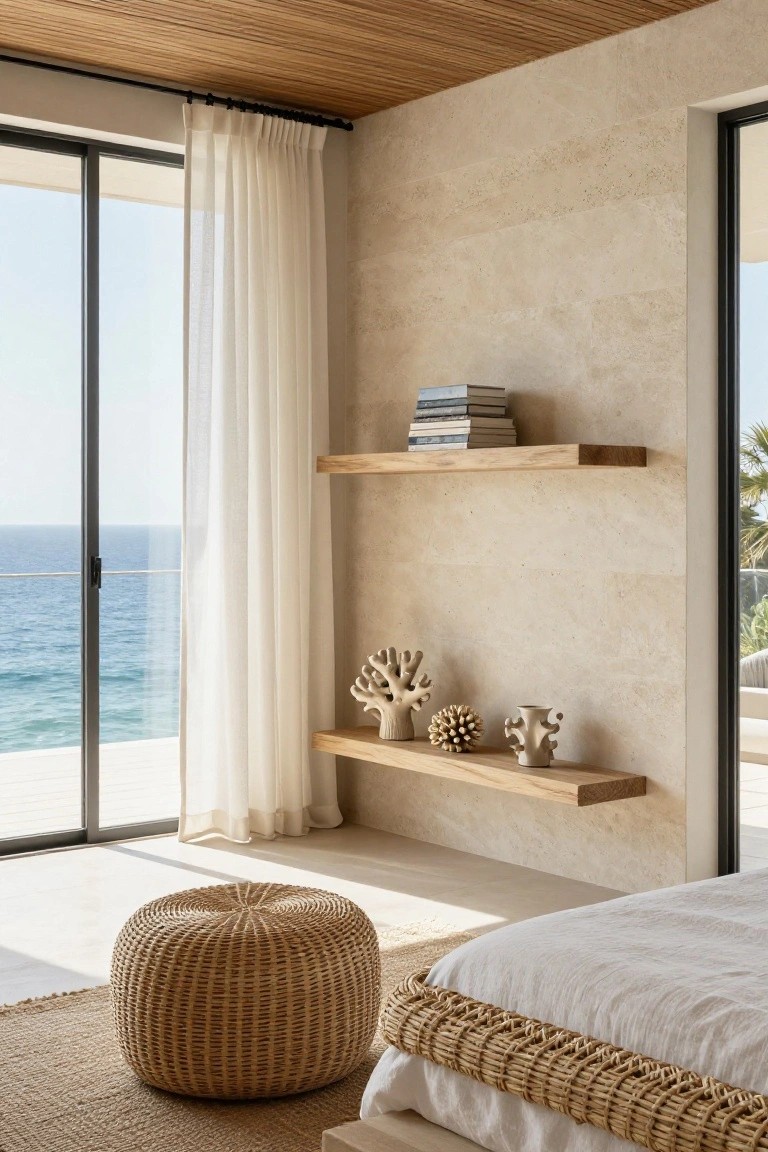 Bedroom with light beige stone walls, two floating wooden shelves displaying stacked books, coral sculptures, and white ceramic vases, sheer white curtains on large sliding glass doors overlooking ocean and palm trees, rattan pouf on seagrass rug beside low platform bed with wicker trim.