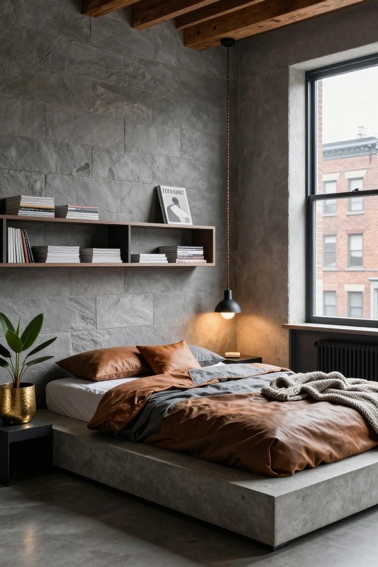 Bedroom with gray stone slab walls, wooden floating shelves holding books and a framed print, low rectangular concrete platform bed with white sheets, terracotta leather duvet, gray throw pillows, knit blanket, black side table, gold plant pot with leafy plant, black pendant lamp, and large window showing brick buildings outside.