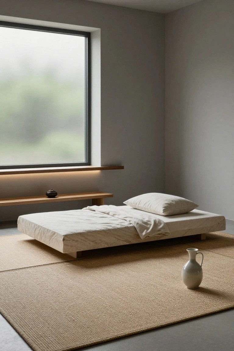 Minimalist bedroom featuring a low futon bed on white veined stone platform, beige tatami-style rug, wood shelf with black bowl and incense holder, white vase on floor, and large frosted window with greenery view.