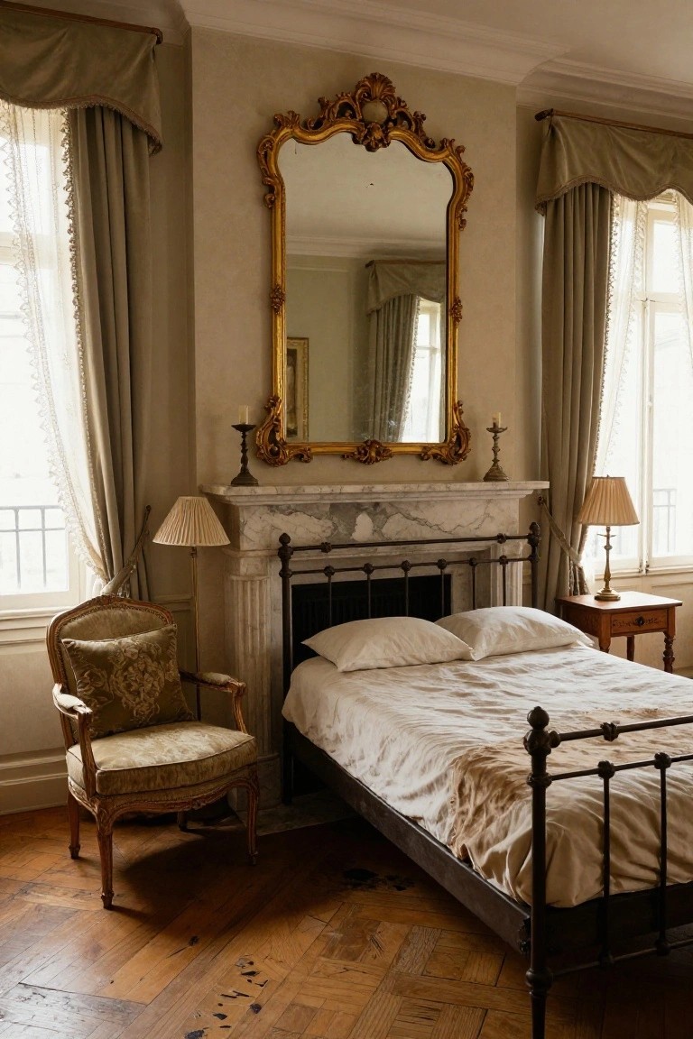 A bedroom with a marble fireplace mantel topped by a large ornate gilded mirror, an iron bed with white linens, an antique upholstered armchair, and shaded lamps on parquet wood floors.