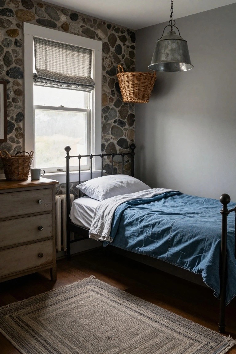 Small bedroom with pebble stone accent wall, black metal single bed draped in white sheets and blue blanket, wooden dresser with drawers, radiator, checkered window shade, and hanging pendant light.