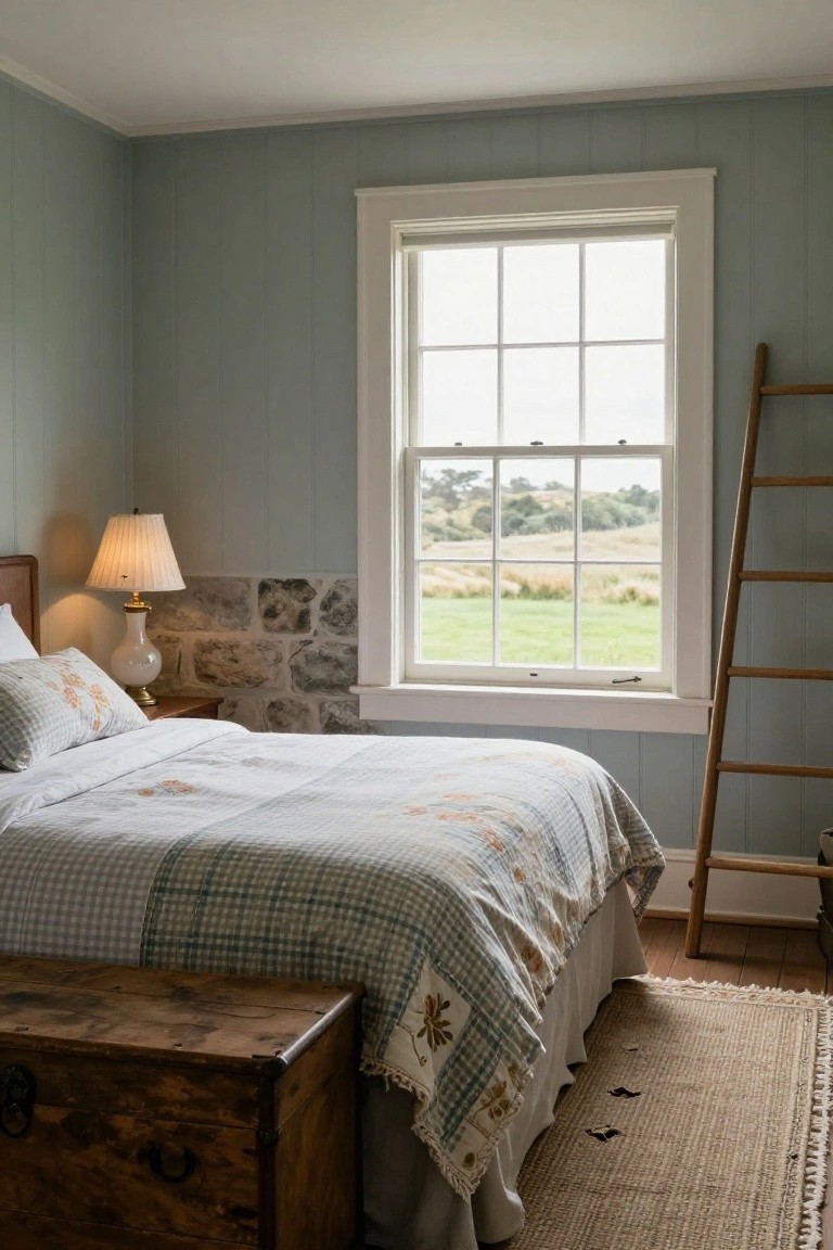 Bedroom with bed covered in light checkered quilt, stone accent wall by headboard, wooden ladder leaning on large window with field view, pale green shiplap walls, table lamp, and wooden trunk at foot of bed.