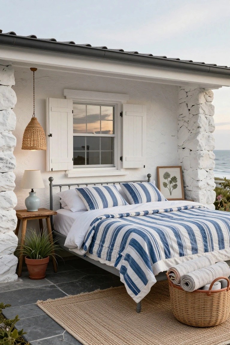 A metal bed with white sheets and blue striped quilt and pillows on a covered porch with white stone walls, beside a wooden nightstand with lamp and plant, a jute rug, basket of towels, and ocean view.