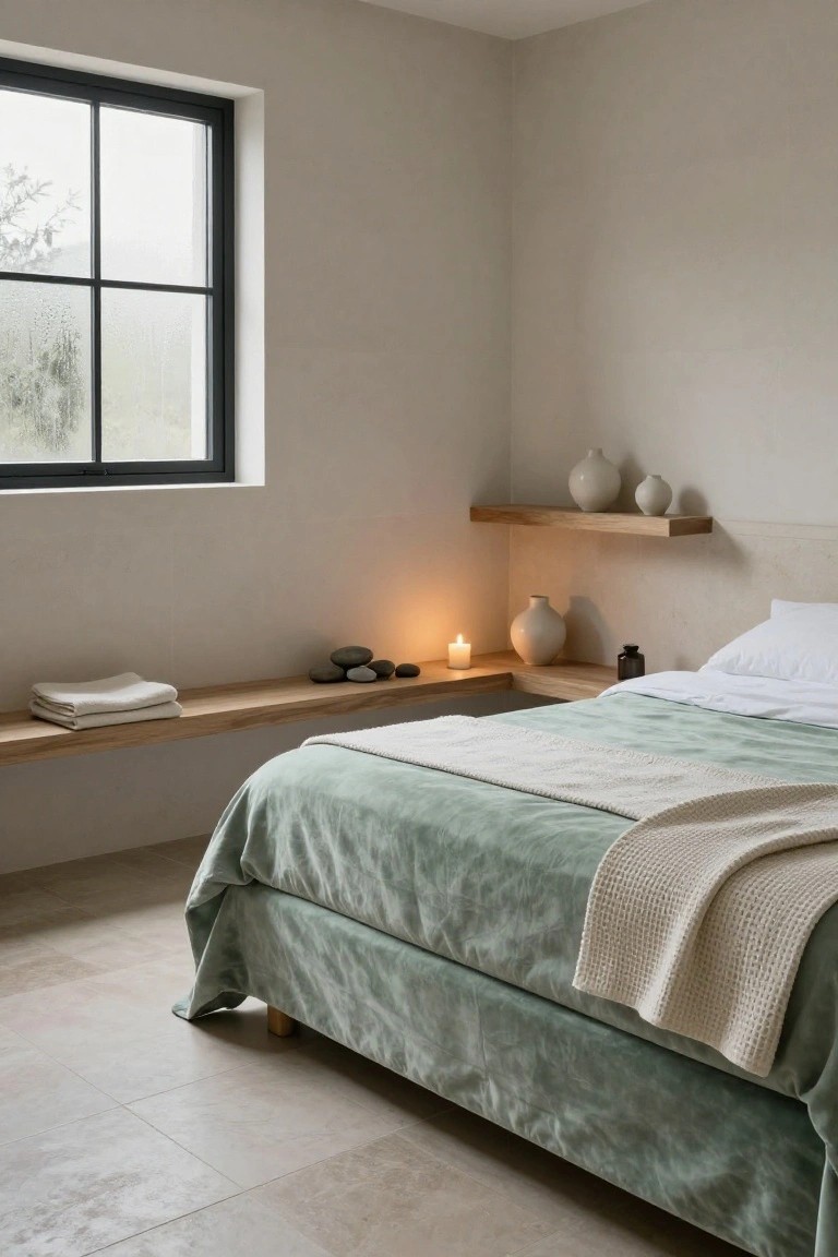 Bedroom corner showing light beige textured walls, black-framed window overlooking misty outdoors, wooden floating shelf with white ceramic vases and candle above bed, lower wooden ledge with folded white linens and rocks beside low green velvet bed with white bedding on light tile floor.