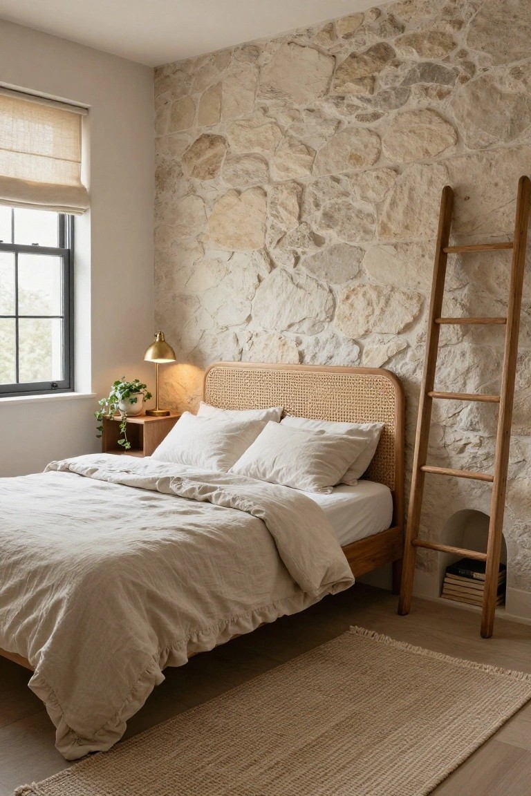 Bedroom with beige stone accent wall, rattan headboard bed draped in white linen bedding, leaning wooden ladder shelf holding books, wooden nightstand with lamp and plant, seagrass rug on wood floor.