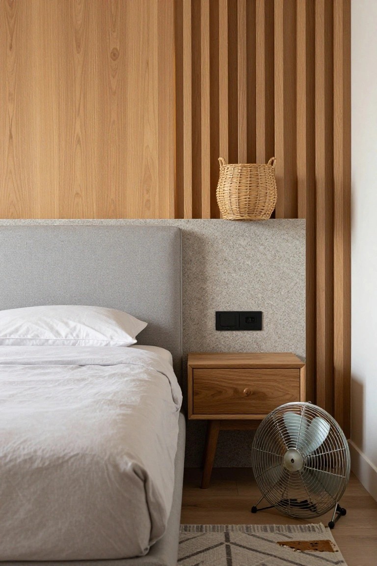 Minimalist bedroom featuring a gray bed, wooden wall, nightstand, and a vintage fan.