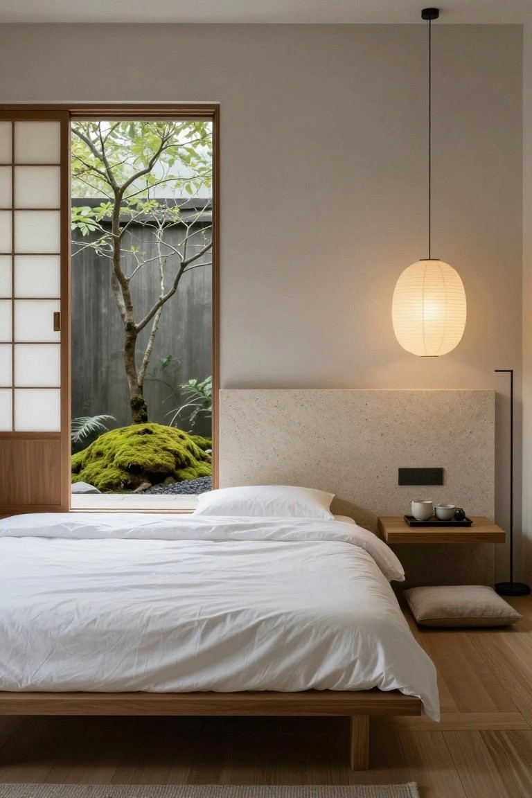 Minimalist bedroom with beige textured stone wall as headboard, low wooden platform bed with white sheets, open shoji screen window to mossy garden with tree and rocks, hanging paper lantern, wooden side table, tatami mat, oak floor.
