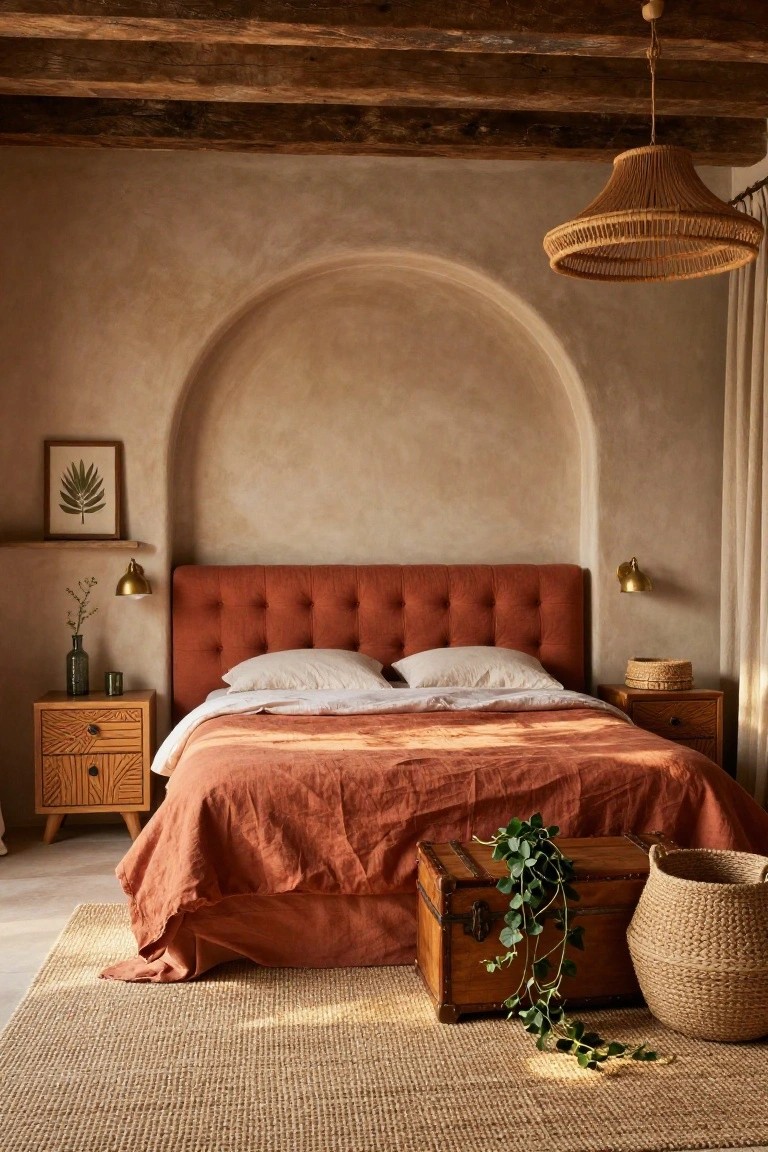 Bedroom with rust tufted upholstered headboard centered against a curved beige textured plaster wall under wooden beams, wooden nightstands with lamps, orange linen bedding, seagrass rug, rattan pendant light, and woven basket at foot of bed.
