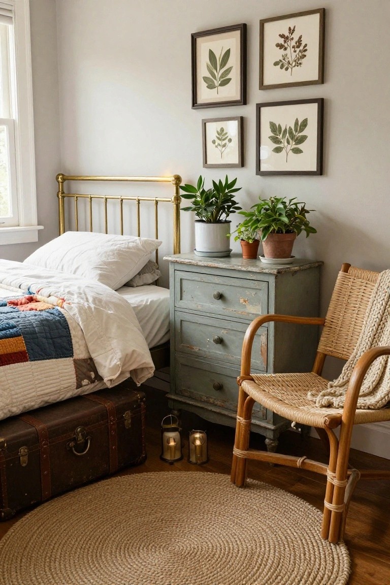 Bedroom corner showing brass bed with white sheets and patchwork quilt, antique greenish-blue dresser as nightstand topped with multiple potted plants, rattan chair with throw, seagrass rug, vintage trunk, lanterns, and four framed botanical prints on pale gray walls.