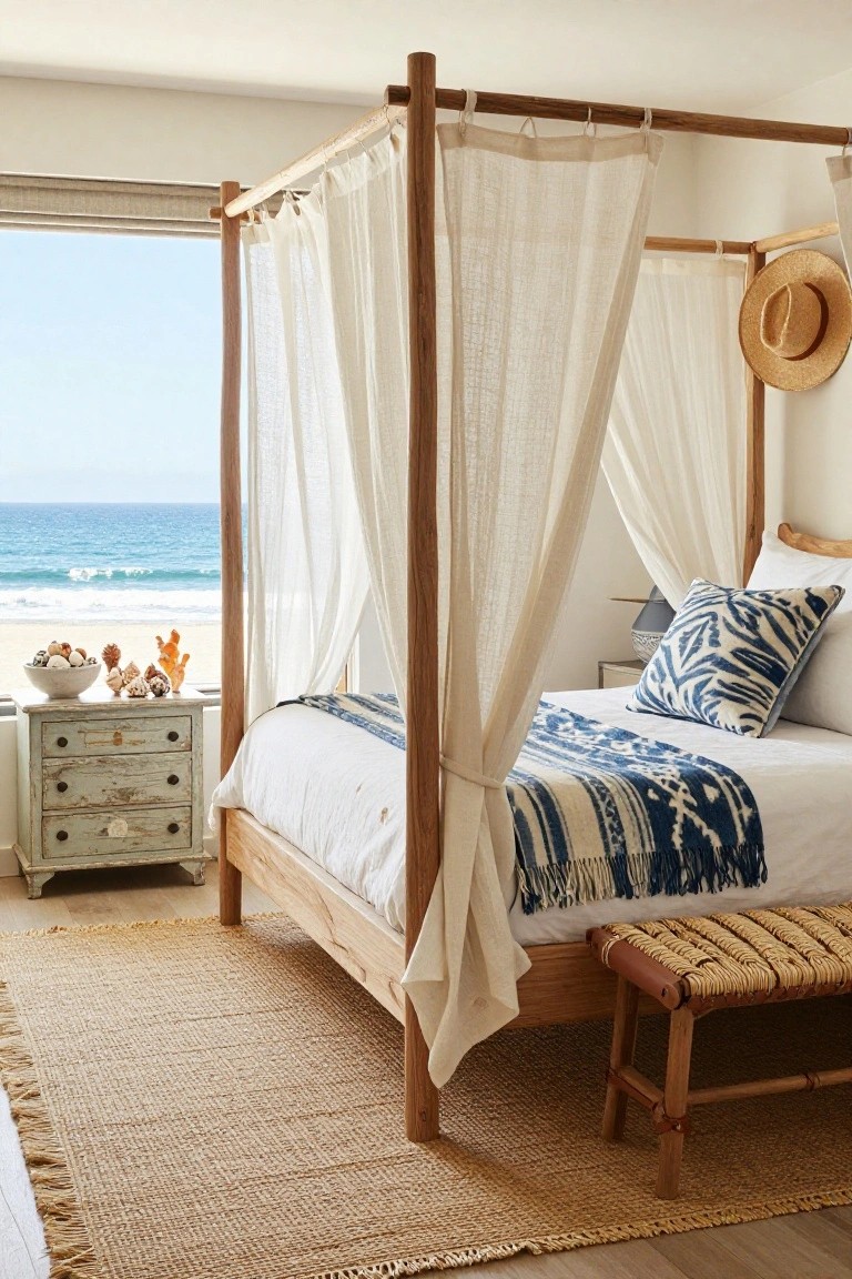 Bedroom interior with wooden four-poster bed draped in white sheer curtains, white bedding with turquoise throw, distressed turquoise nightstand holding shells and coral, woven bench, seagrass rug, and large window showing ocean view.