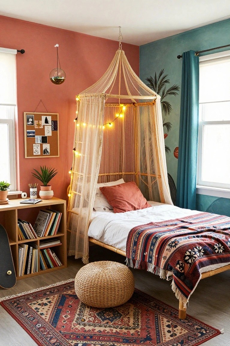 A boho bedroom with a rattan canopy bed draped in sheer beige curtains and fairy lights, pink and teal walls with palm mural, wooden desk and bookshelves, plants, corkboard, woven pouf, and patterned rug on light wood floors.