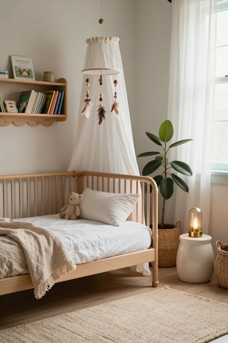 A light wooden crib with white sheer canopy and feather mobile overhead in a nursery room with wooden shelves of books, a teddy bear on the bed, potted plant, seagrass baskets, and beige rug.