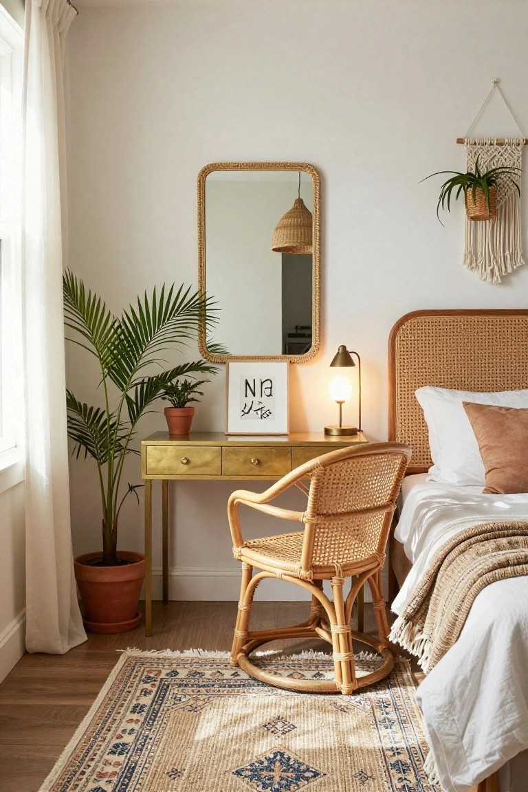 Boho bedroom corner with rattan bed headboard, gold brass desk, rattan rocking chair, potted palm plant, smaller potted plant, round braided mirror on wall, desk lamp, macrame wall hanging, and Persian rug on wood floor.