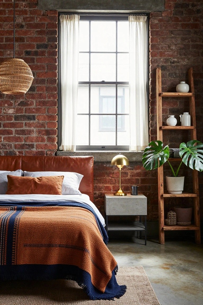 Bedroom interior with exposed red brick walls, tan leather upholstered bed frame, orange and navy bedding, wooden ladder shelf holding white ceramics and monstera plants, concrete nightstand, and rattan pendant light.