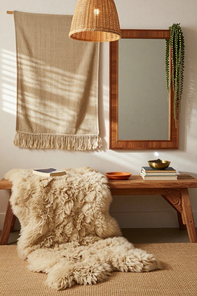 Wooden bench draped with cream sheepskin rug holding an open book, next to stacked books, orange bowl, and brass bowl on a side table, with woven beige wall hanging, rattan lamp, and wooden mirror with trailing plant in a light entry area.