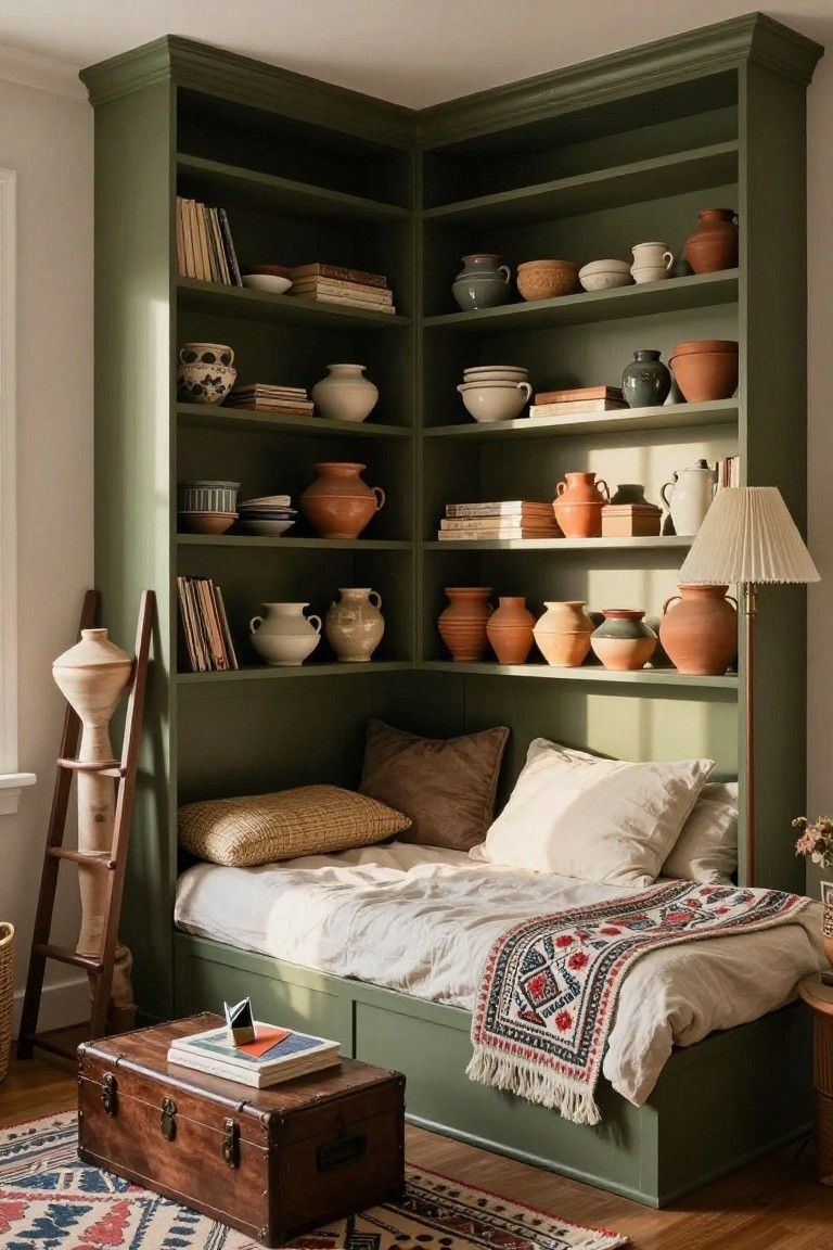 Corner built-in sage green bookshelves surrounding a low daybed with white sheets, patterned throw, pillows, pottery jars, books, wooden ladder, trunk, and rug on wood floor.