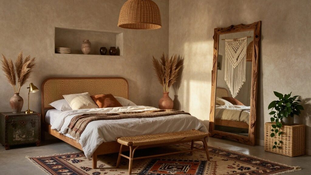 Bedroom corner with beige textured walls, rattan bed frame and headboard with white bedding, woven pendant light, pampas grass in terracotta vase on bedside table, and patterned rug.
