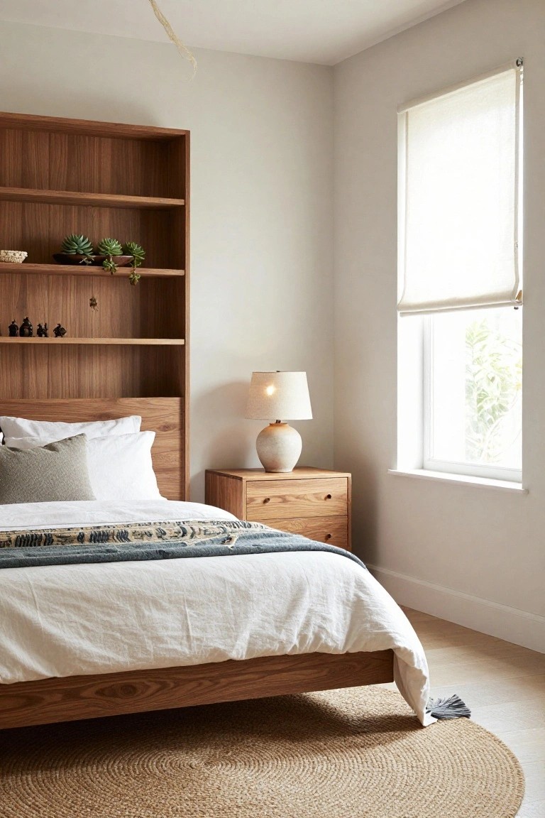 Bedroom interior with wooden platform bed and tall matching bookshelf headboard containing potted succulents, hanging plant, beads, and figurines on shelves, beside wooden nightstand with ceramic lamp, sheer roller shade on window, white linens with blue-gray throw, and round seagrass rug on light floor.