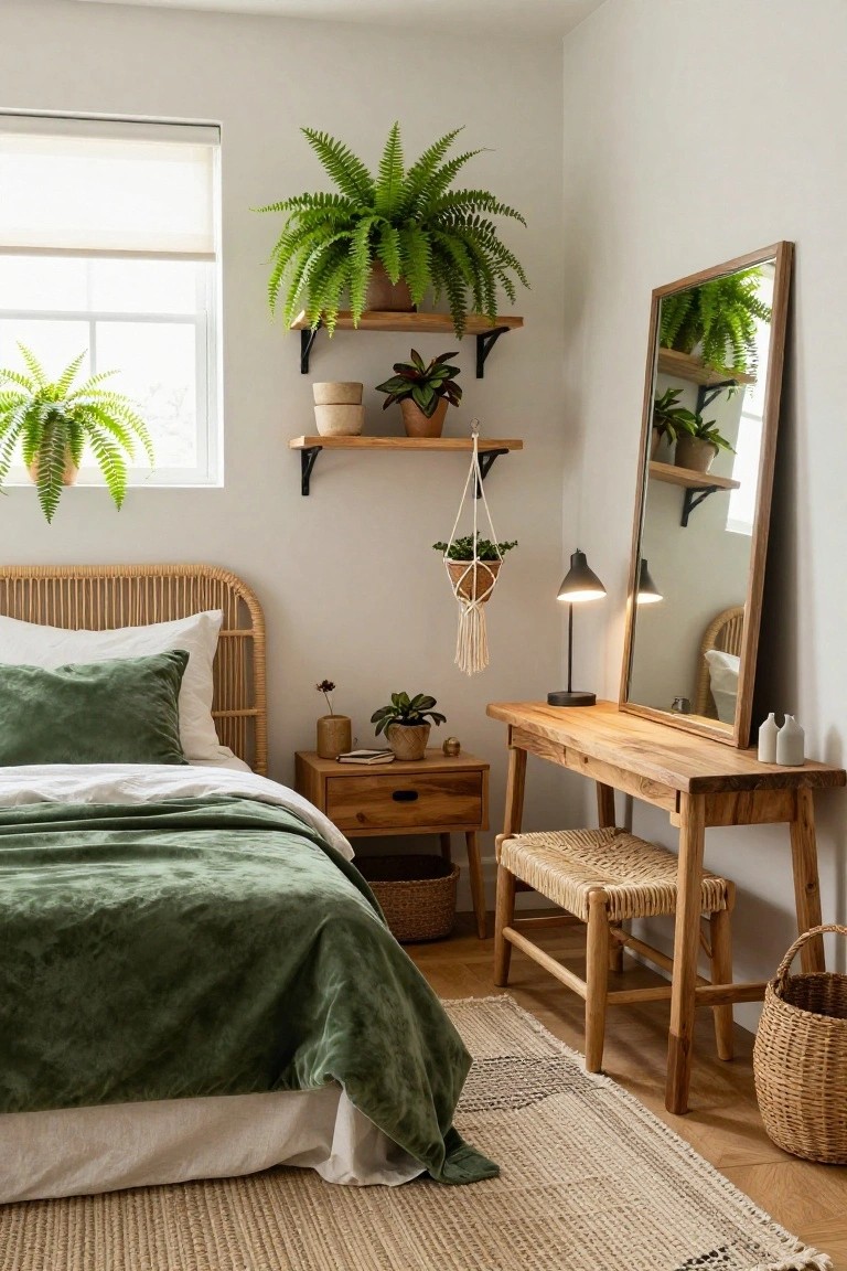 Cozy bedroom with rattan bed frame, green velvet bedding, wooden vanity table and stool, tall mirror, multiple potted ferns and plants on wall shelves and hanging planters, near a window with blinds, on a light wood floor with woven rug.