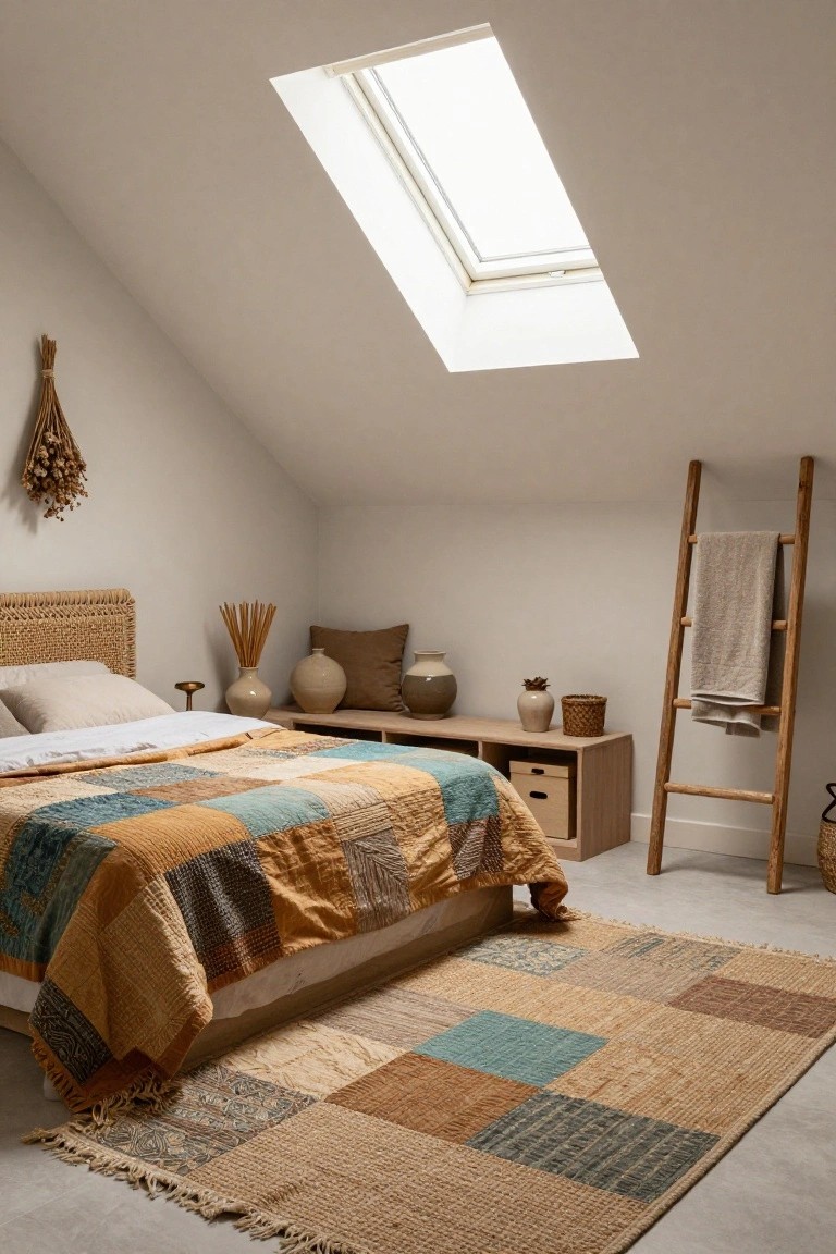 Attic bedroom with sloped white ceiling and skylight, rattan headboard bed covered in multicolored patchwork quilt, wooden bench with storage bins, leaning wooden ladder draped with towel, potted plants, and woven rug on wood floor.