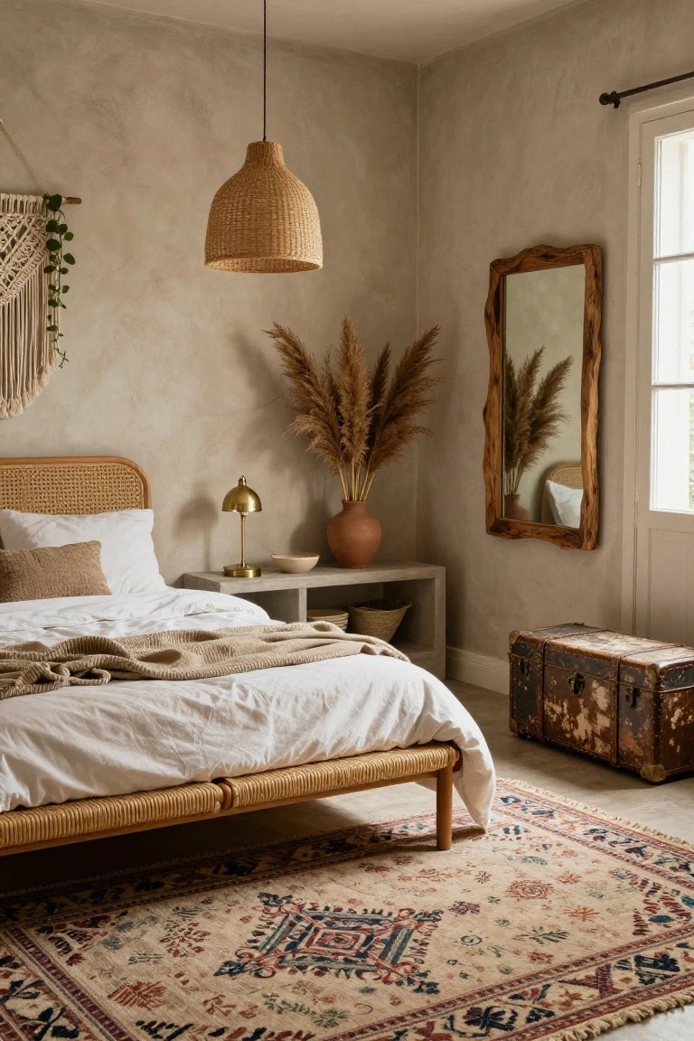 Bedroom corner with beige textured walls, rattan bed frame and headboard with white bedding, woven pendant light, pampas grass in terracotta vase on bedside table, and patterned rug.