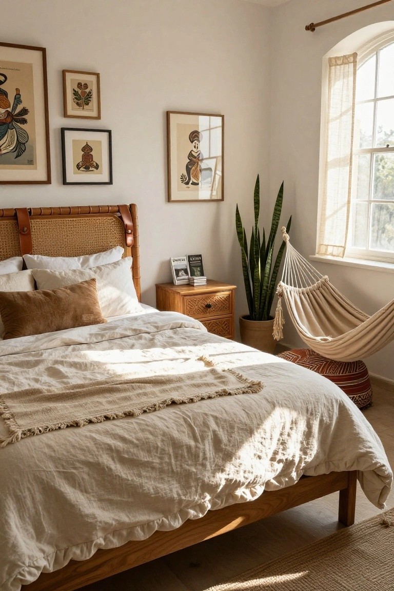 Bedroom with wooden bed frame featuring rattan headboard and leather straps, white and beige linens, wooden nightstand with books, tall snake plant in pot, beige hammock chair, woven pouf, and assorted framed folk art on white walls beside arched window with sheer curtains.