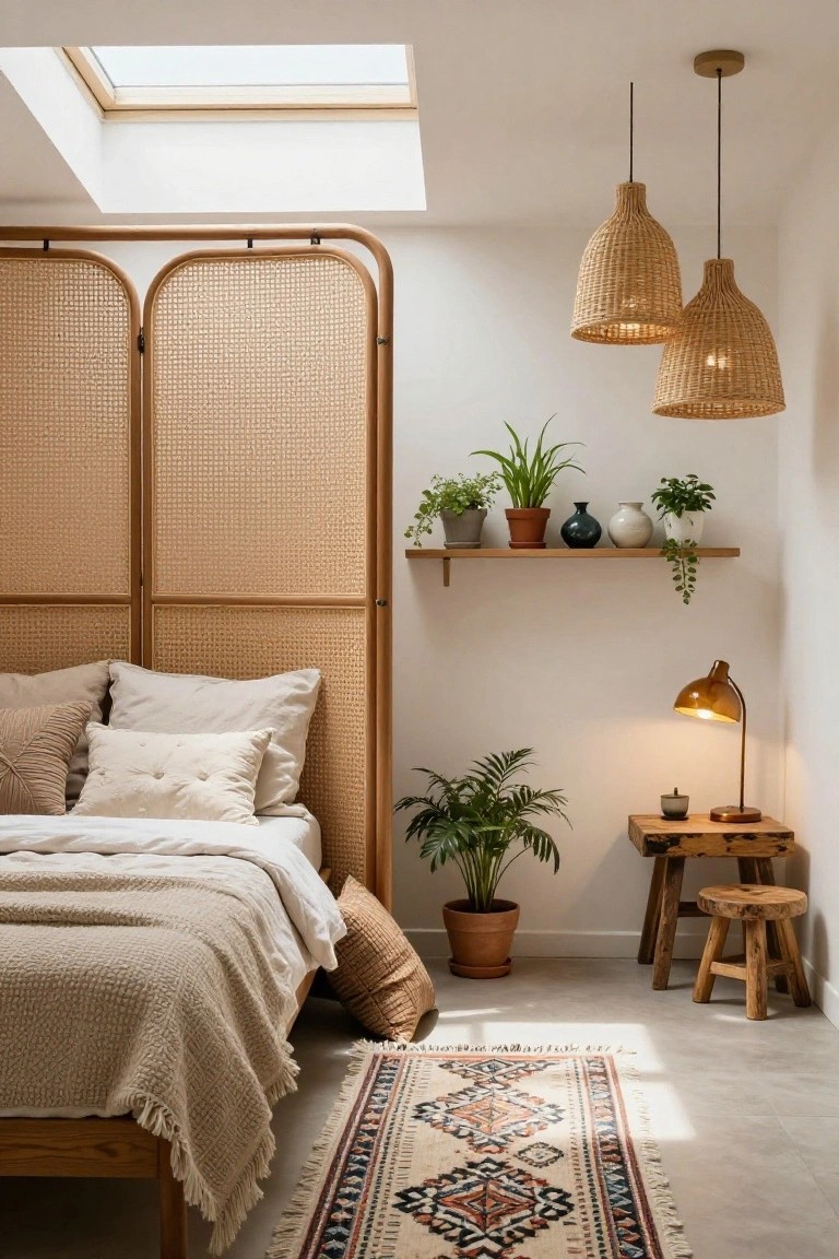 Cozy bedroom with a wooden bed, rattan screen, plants, and warm pendant lights.