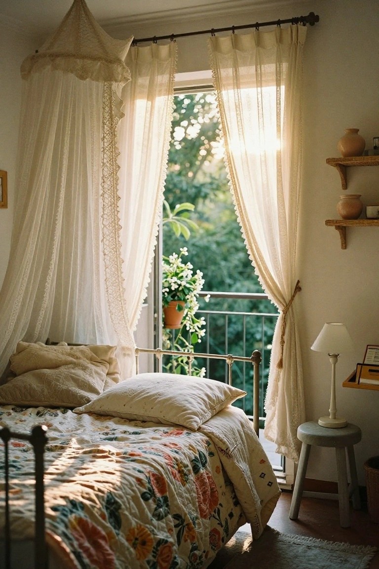 Bedroom with iron bed draped in white pillows and quilt under a lace-edged canopy, sheer curtains on balcony doors with potted plants and greenery outside, warm sunlight streaming in.