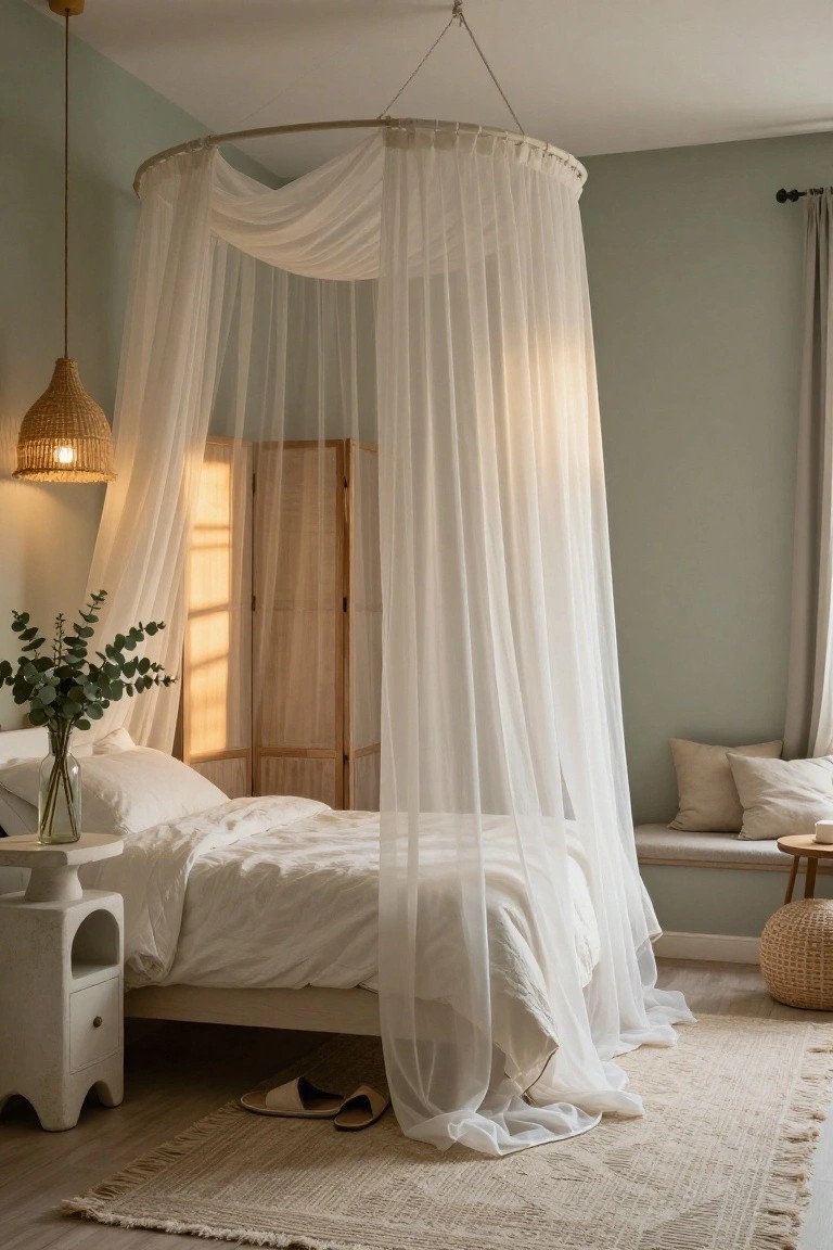 A bedroom with a white bed under a large circular canopy of sheer white fabric hanging from the ceiling, a rattan pendant light, eucalyptus in a vase on a white side table, bamboo screen divider, built-in bench with cushions, and neutral walls and rug.