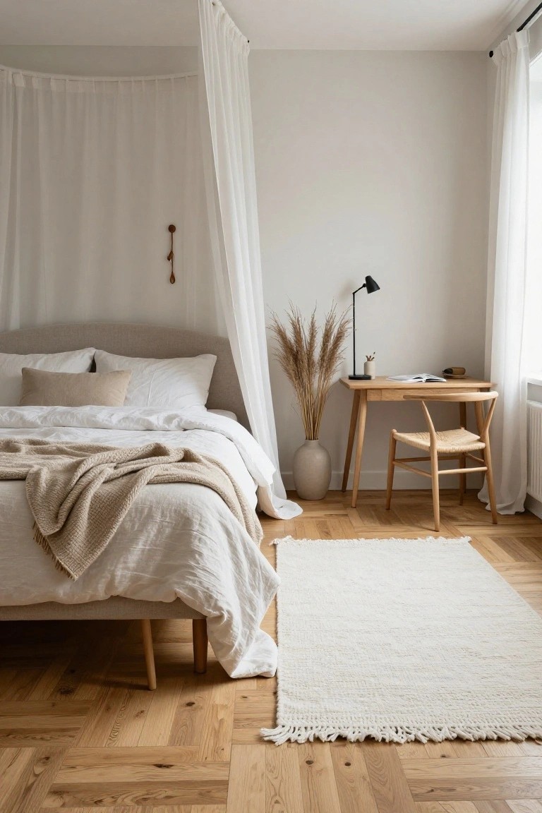 A bedroom with a low-profile bed draped in sheer white canopy fabric from the ceiling, neutral linens and throw, wooden desk and chair with pampas grass vase, light wood floors, and white rug.