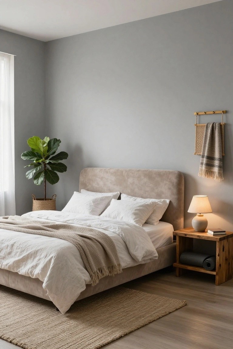 Cozy bedroom with a beige bed, light linens, plant, and wooden side table.