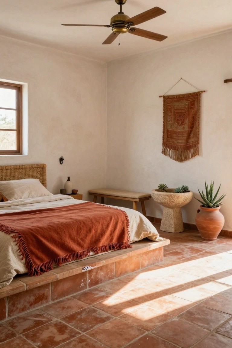 Bedroom interior with rattan headboard bed on raised terracotta tile platform, terracotta fringe blanket, white linen sheets, succulents in carved stone basin, agave in terracotta pot, wooden bench, woven tapestry wall hanging, white plaster walls, wooden ceiling fan, and wooden window frame.