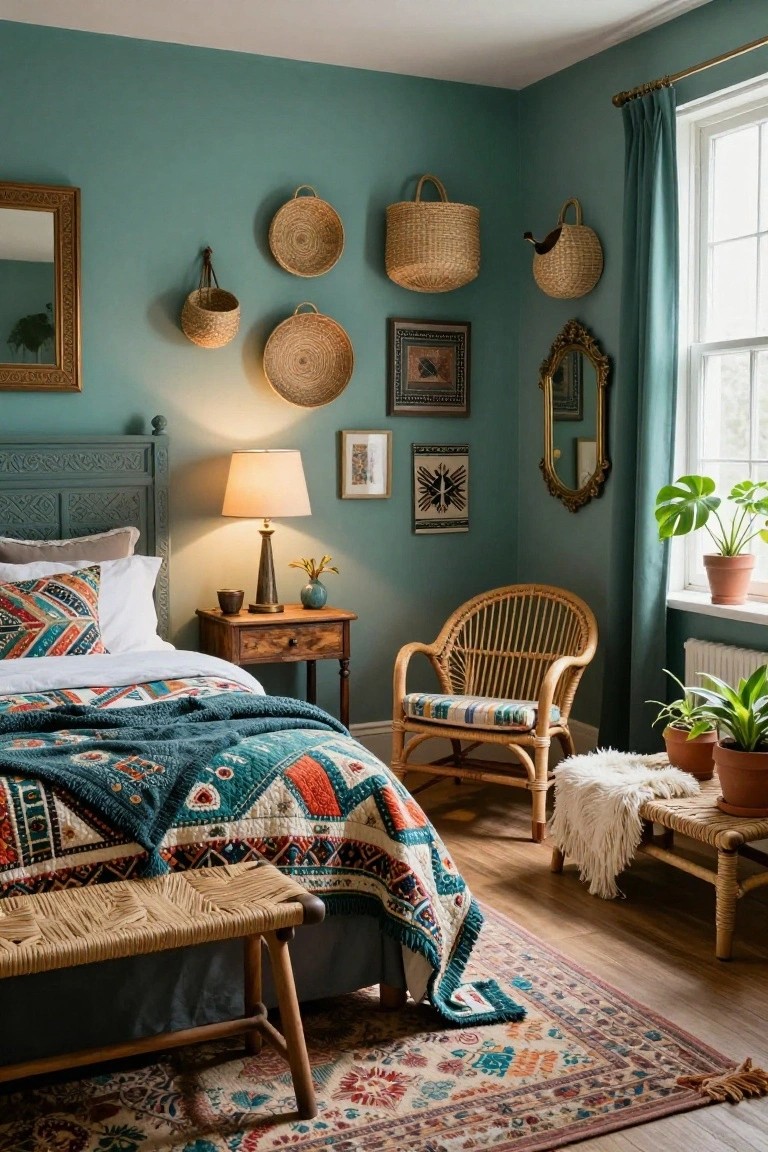 Teal bedroom with wooden bed frame, colorful quilt and pillows, bedside table with lamp, rattan chair and bench, multiple woven baskets hung on walls, plants, mirrors, and patterned rug.