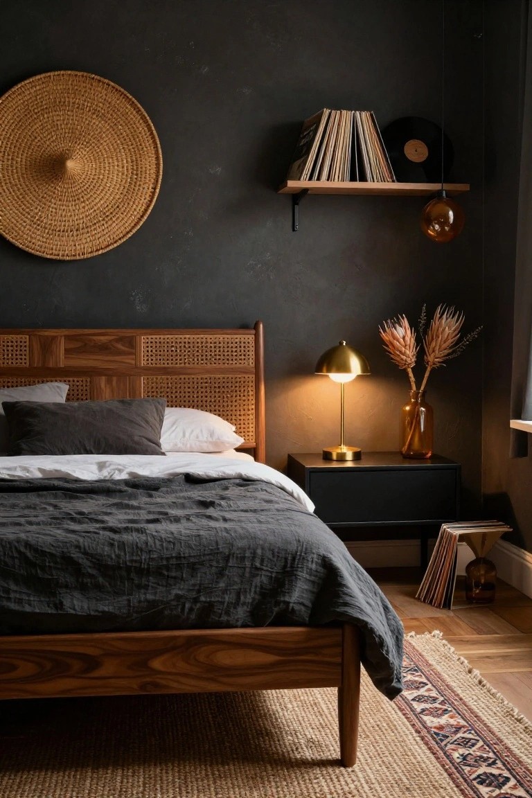 Bedroom corner with wooden bed featuring cane-woven headboard panels against dark textured wall, gold lamp on black nightstand, dried protea flowers in glass vase, woven basket wall hanging, vinyl records on wooden shelf, and seagrass rug on wood floor.