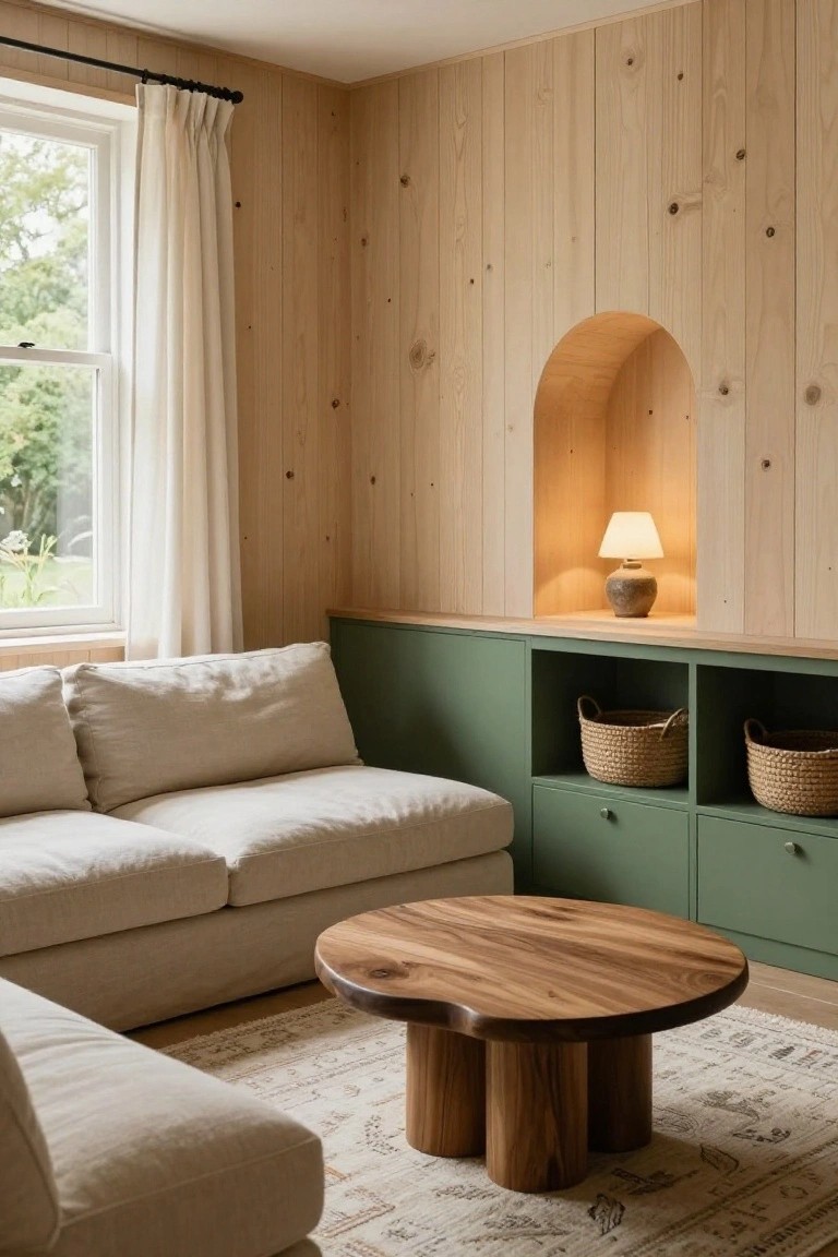 Light wood-paneled living room walls with an arched recessed niche containing a lit ceramic lamp, sage green cabinets below holding seagrass baskets, a cream sofa, round wood coffee table, and patterned rug.