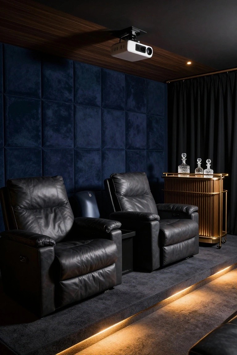 Dark basement home theater room with navy blue tufted wall panels, two black leather power recliners on a raised carpeted platform with LED underlighting, ceiling-mounted white projector, black curtains, and brass bar cart with glass decanters.