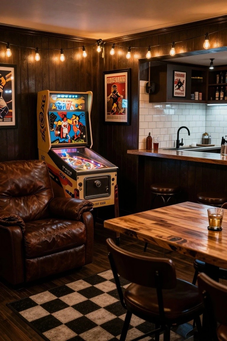 Warmly lit basement room with yellow and black pinball machine, brown leather armchair, wooden bar table and stools, dark wood-paneled walls, string lights, vintage posters, and small kitchen bar area.