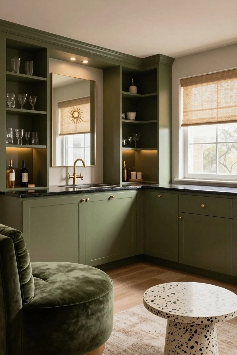 Corner wet bar area featuring green cabinets, open shelving with glassware and bottles, black countertop with brass faucet and sink, green velvet ottoman chair, speckled round table, wood floor, and windows with bamboo shades.