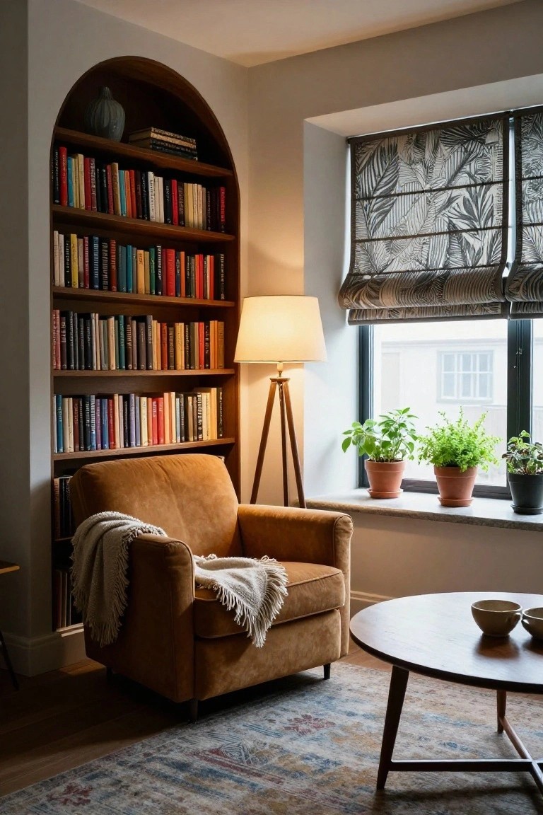 Arched wooden bookshelves filled with colorful books in a cozy room corner, with an orange velvet armchair draped in a white throw blanket, tripod floor lamp, round wooden side table with ceramic bowls, plants on windowsill, and patterned rug on wood floor.
